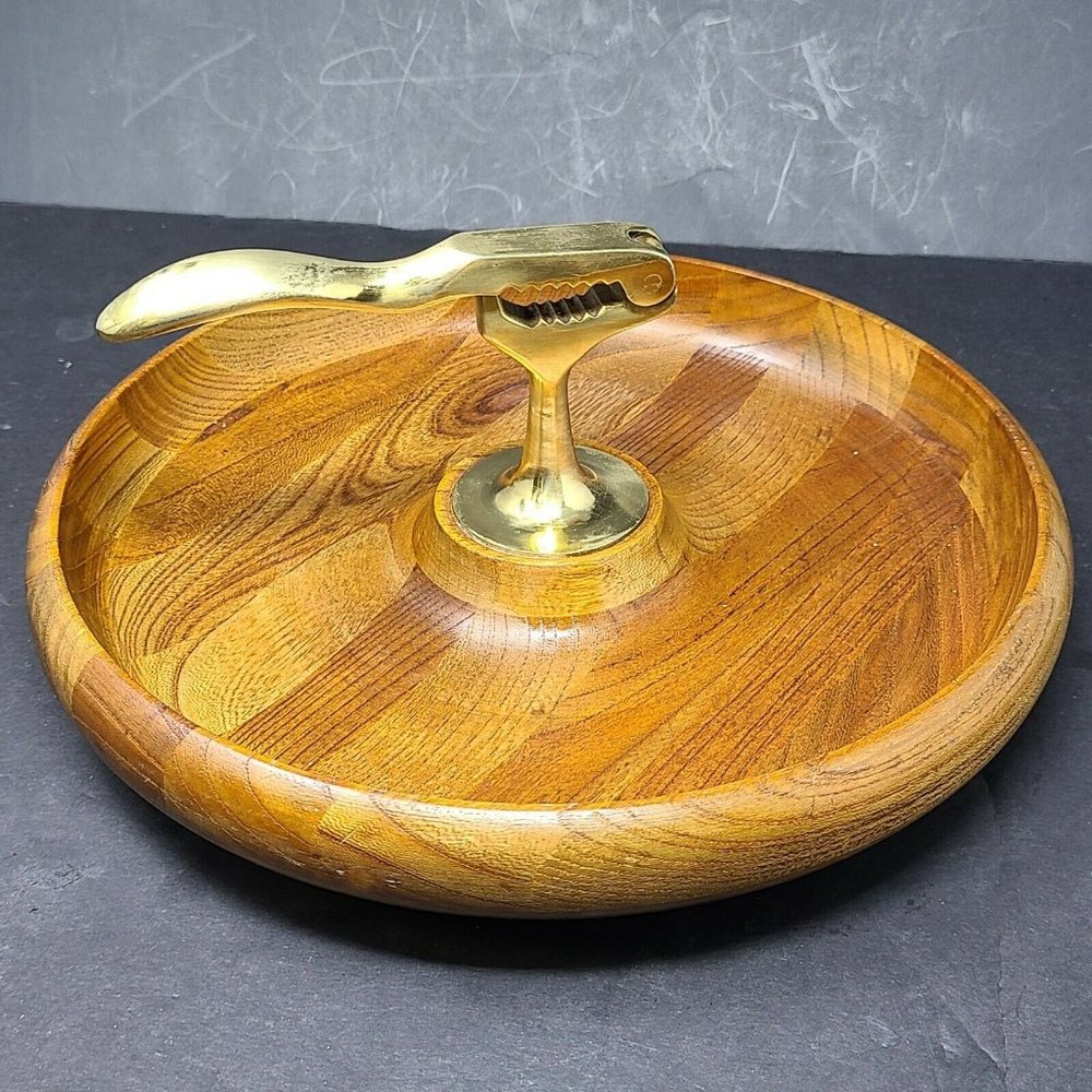 Vintage MCM Wooden Walnut Bowl Brass Nutcracker Mid Century Modern Decor
